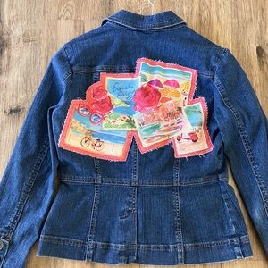 Upcycled Denim Jacket w/ French Riviera France flowers beach theme. Small.